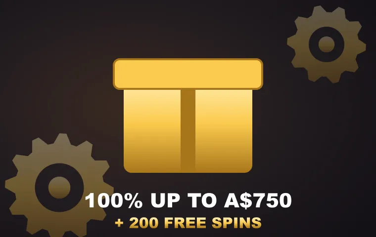 Gold gift box with the MonsterWin casino welcome bonus of 100% up to A$750 and 200 free spins